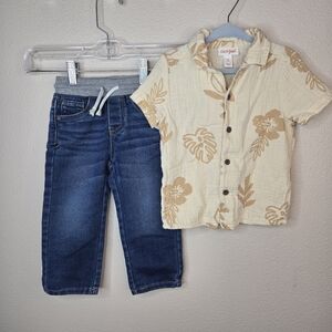Cat & Jack Cream Hawaiian Floral Short-Sleeve Button Shirt And Jeans Set